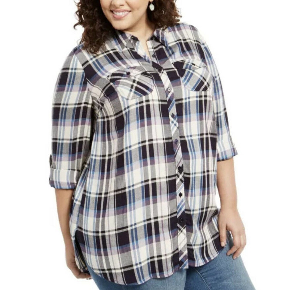 New Style & Co Womans Plus Size 2X‎ Plaid Shirt Parkside Purple Button NWT